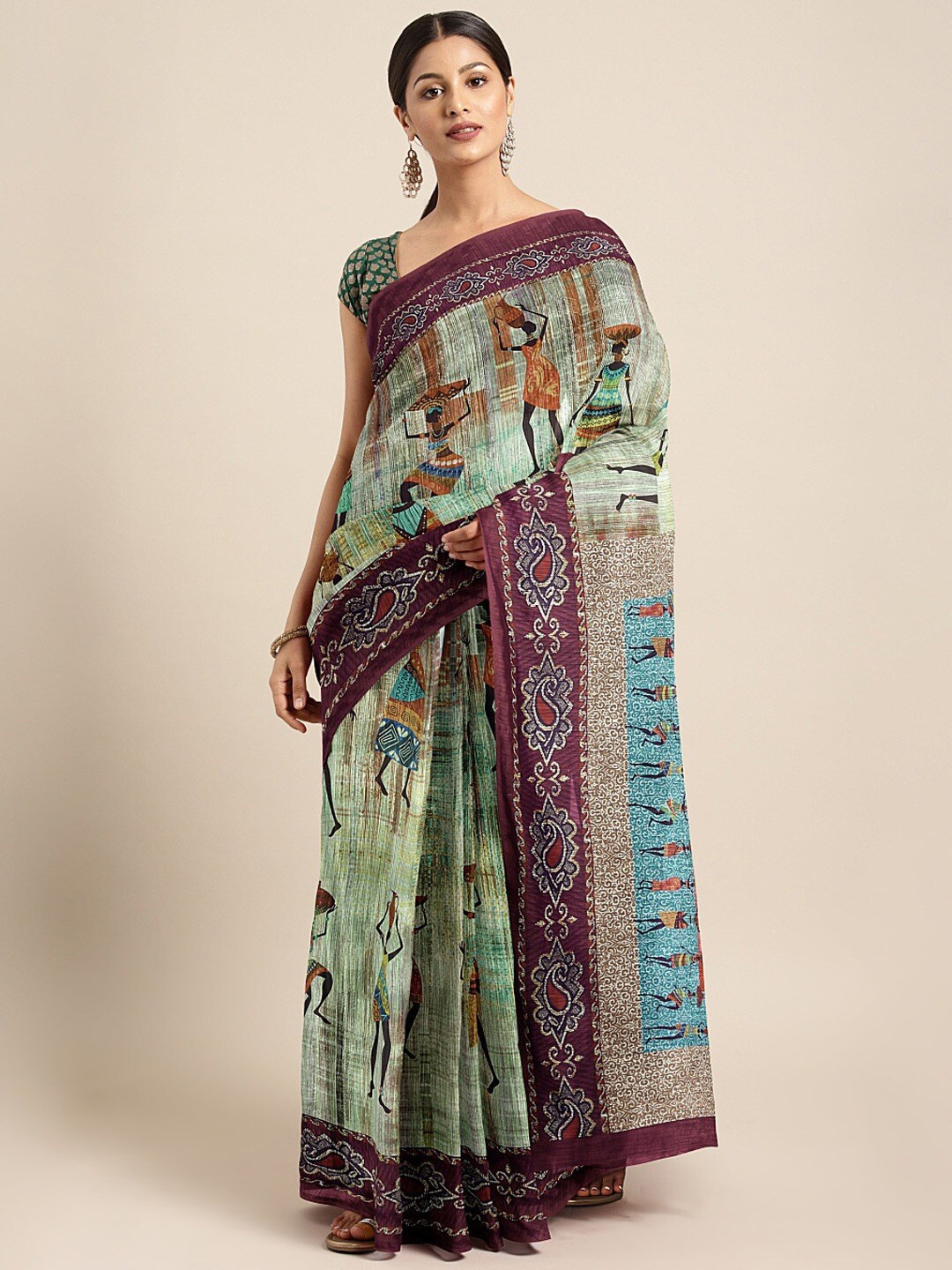 

Shaily Green & Purple Warli Silk Blend Saree