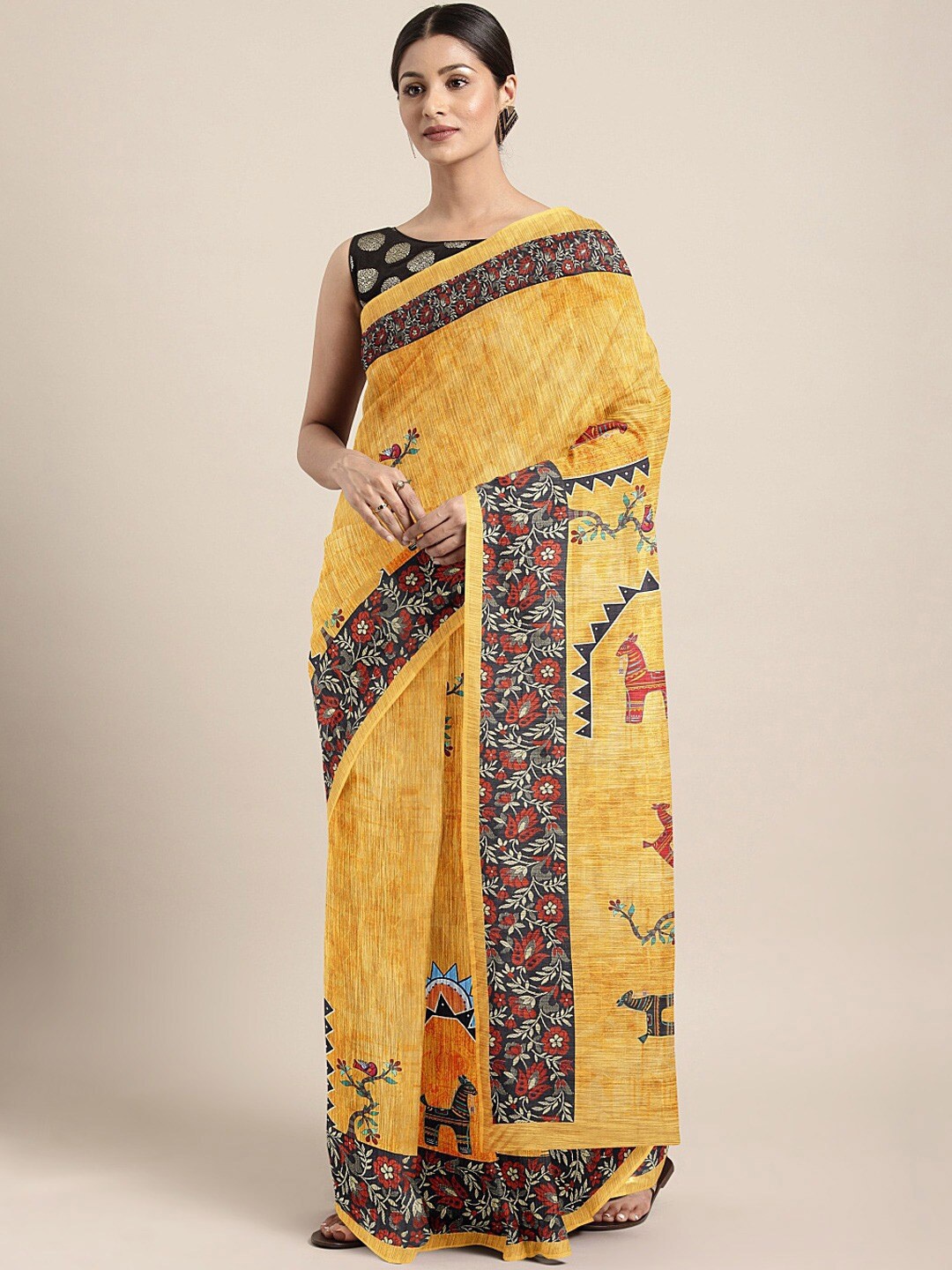 

Shaily Yellow & Navy Blue Ethnic Motifs Printed Silk Blend Saree