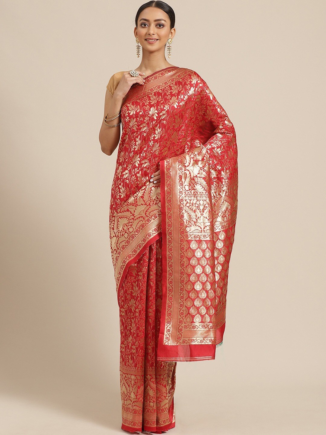 

Shaily Red & Gold-Toned Ethnic Motifs Zari Silk Blend Saree