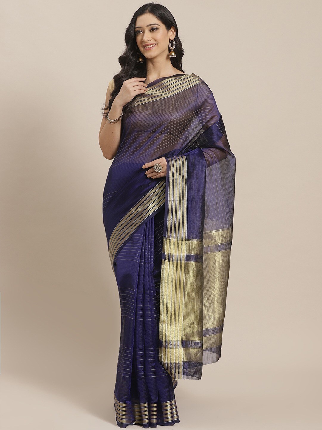 

Shaily Navy Blue & Gold-Toned Striped Silk Blend Kanjeevaram Saree