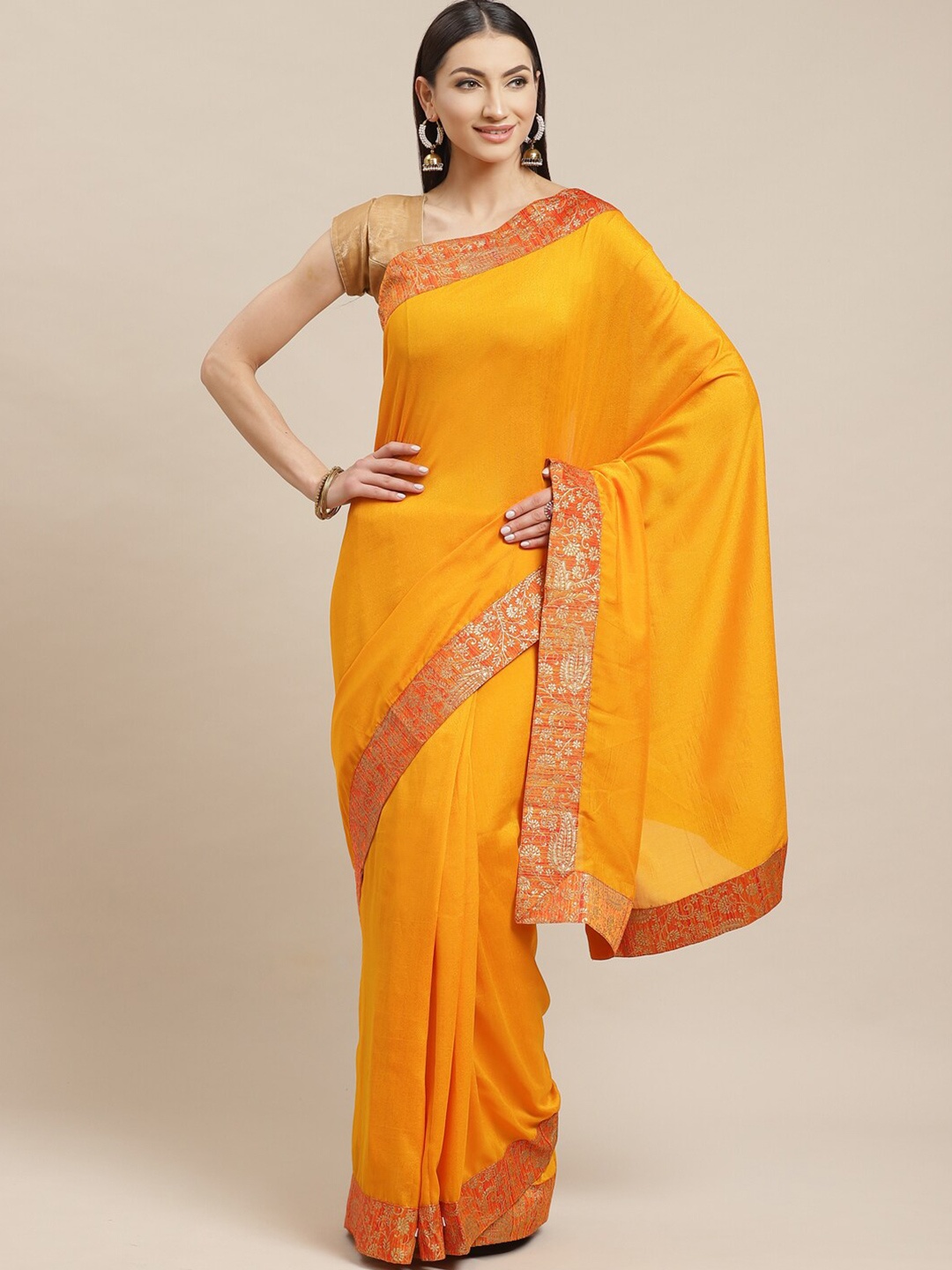 

Shaily Mustard & Gold-Toned Zari Silk Blend Saree