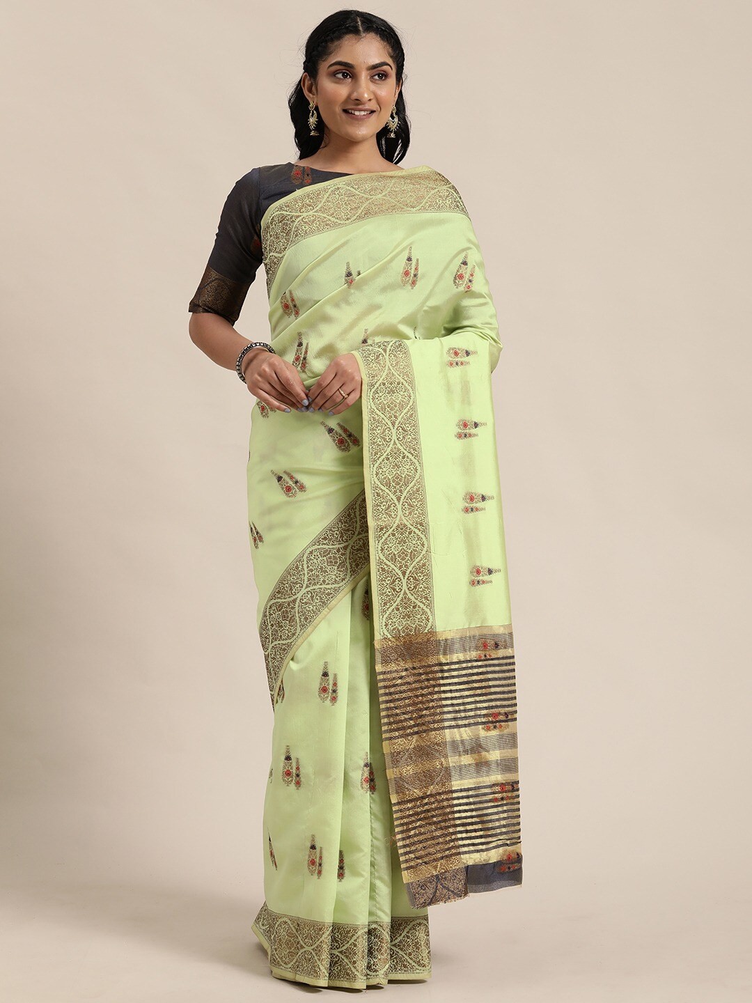

Shaily Green & Grey Ethnic Motifs Zari Saree