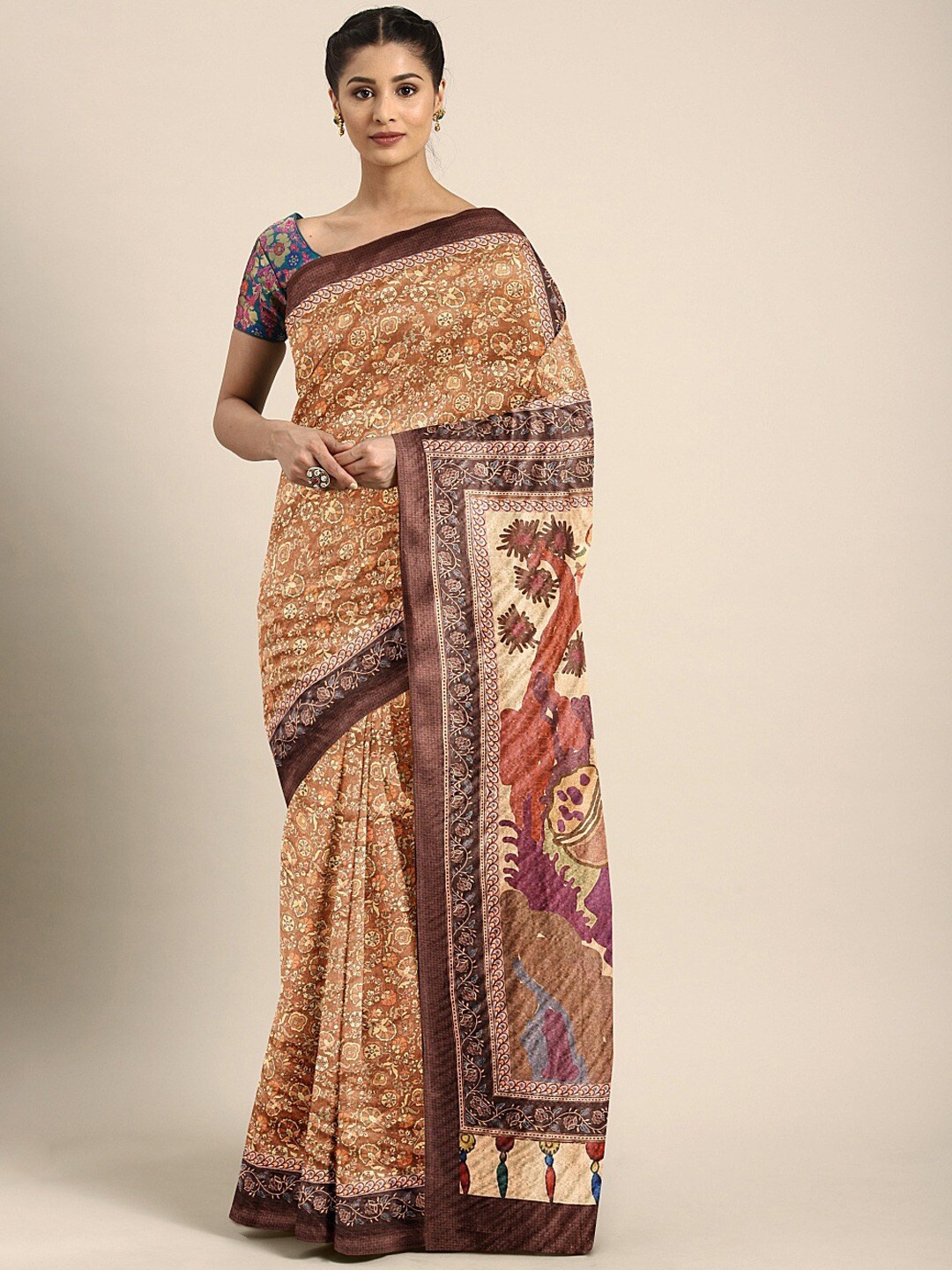 

Shaily Mustard & Brown Kalamkari Printed Silk Blend Saree