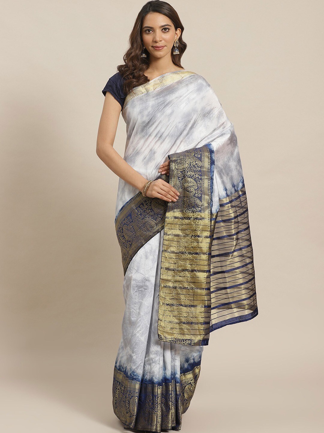 

Shaily Grey & Navy Blue Tie and Dye Zari Silk Blend Saree