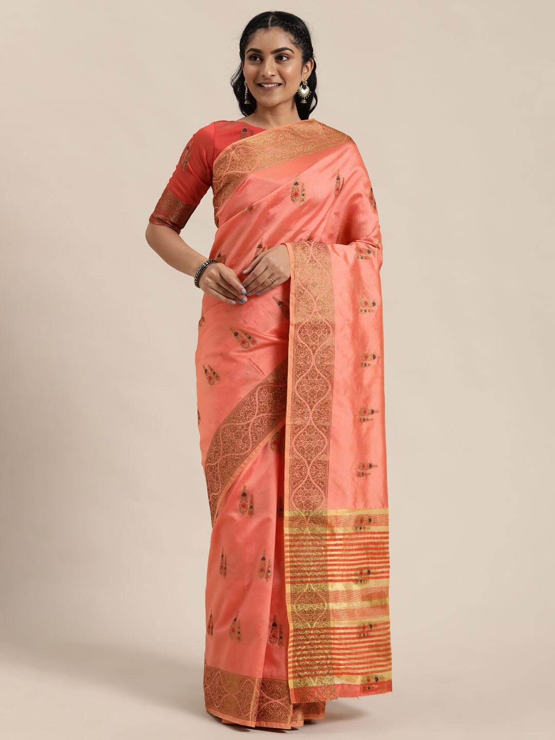 

Shaily Orange & Gold-Toned Ethnic Motifs Zari Silk Blend Saree