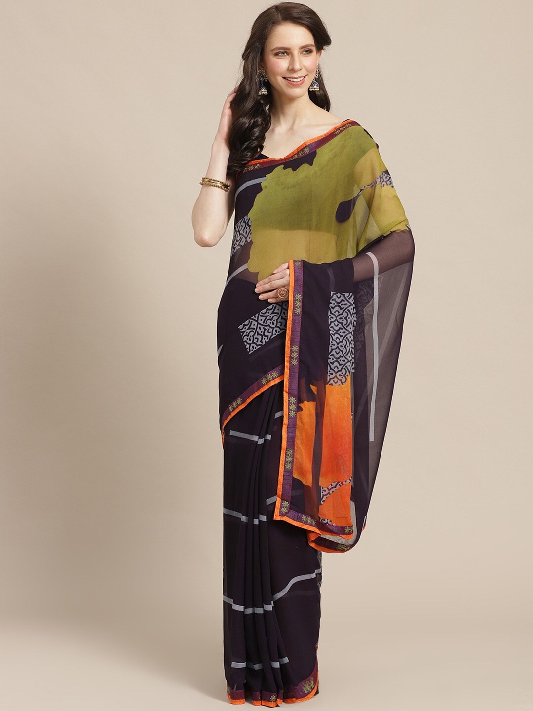 

Shaily Navy Blue & Green Abstract Saree
