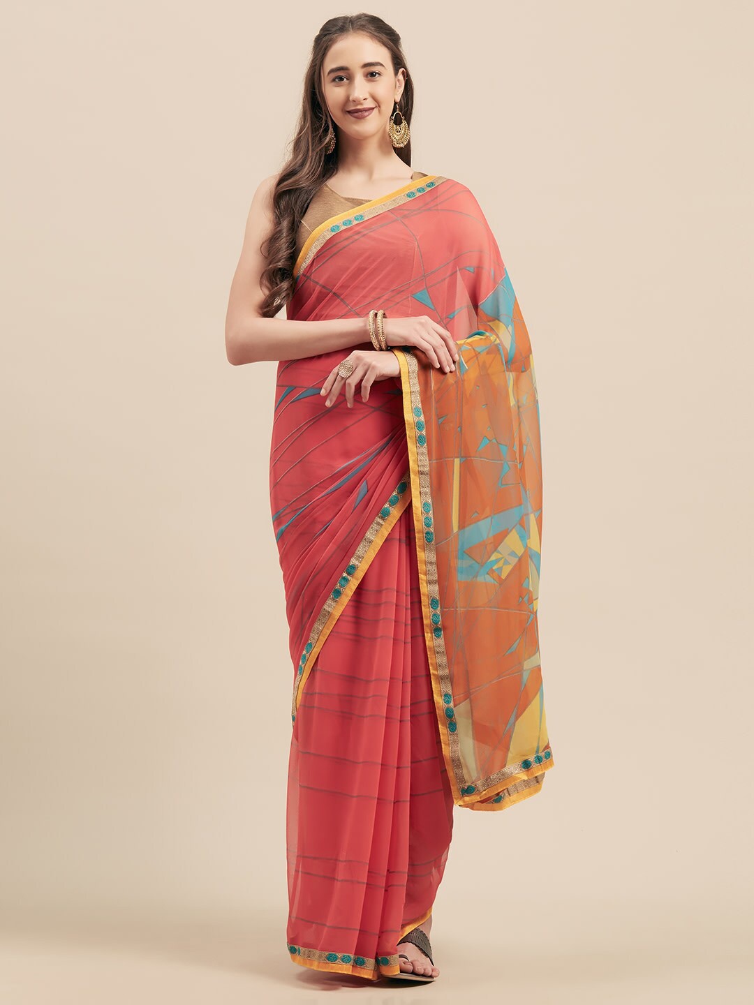 

Shaily Pink & Blue Printed Saree