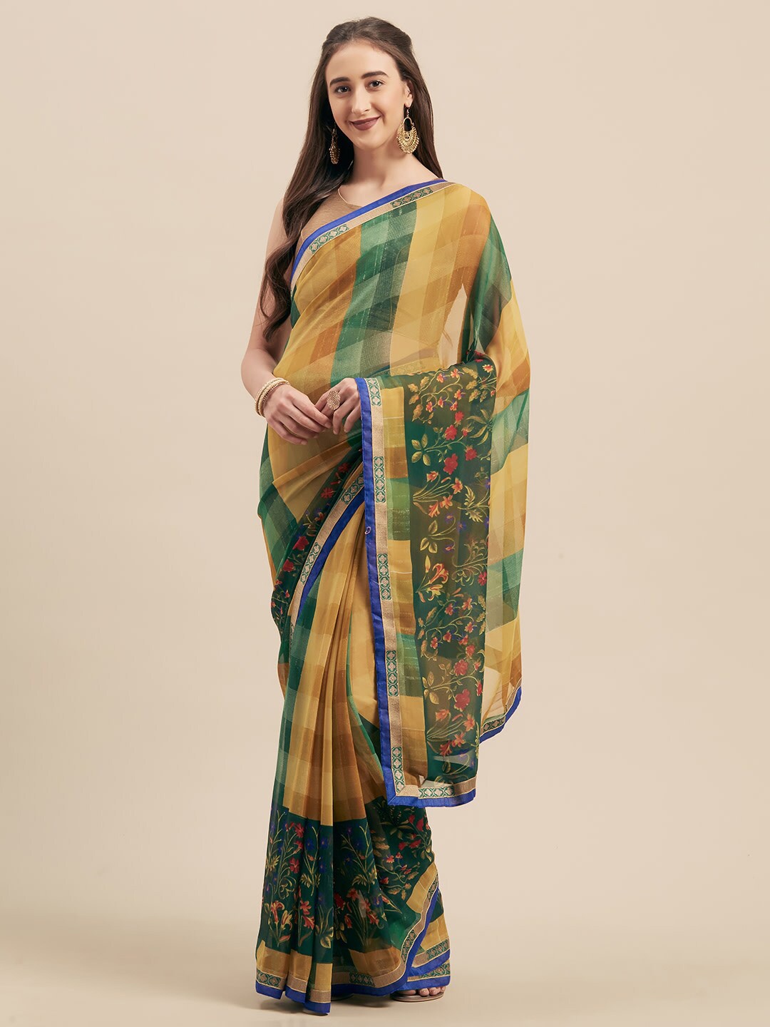

Shaily Yellow & Green Checked Saree