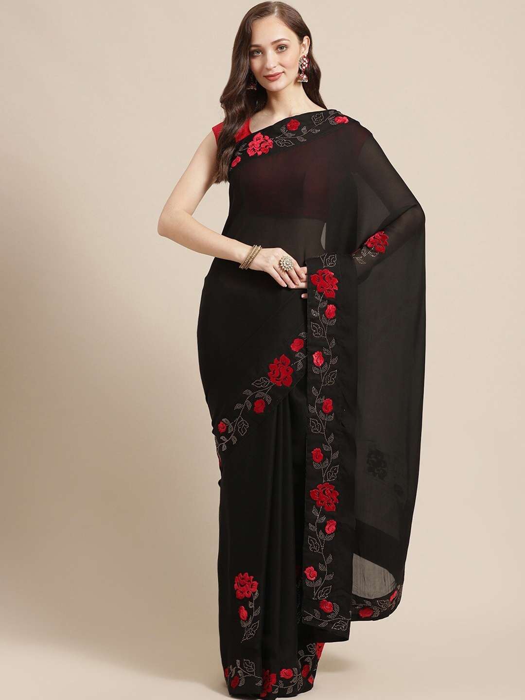 

Shaily Black & Red Pure Georgette Saree