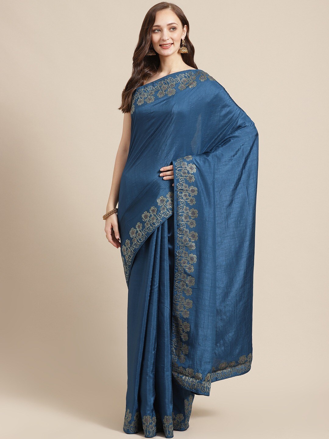 

Shaily Teal Blue & Gold-Toned Beads & Stones Pure Georgette Saree