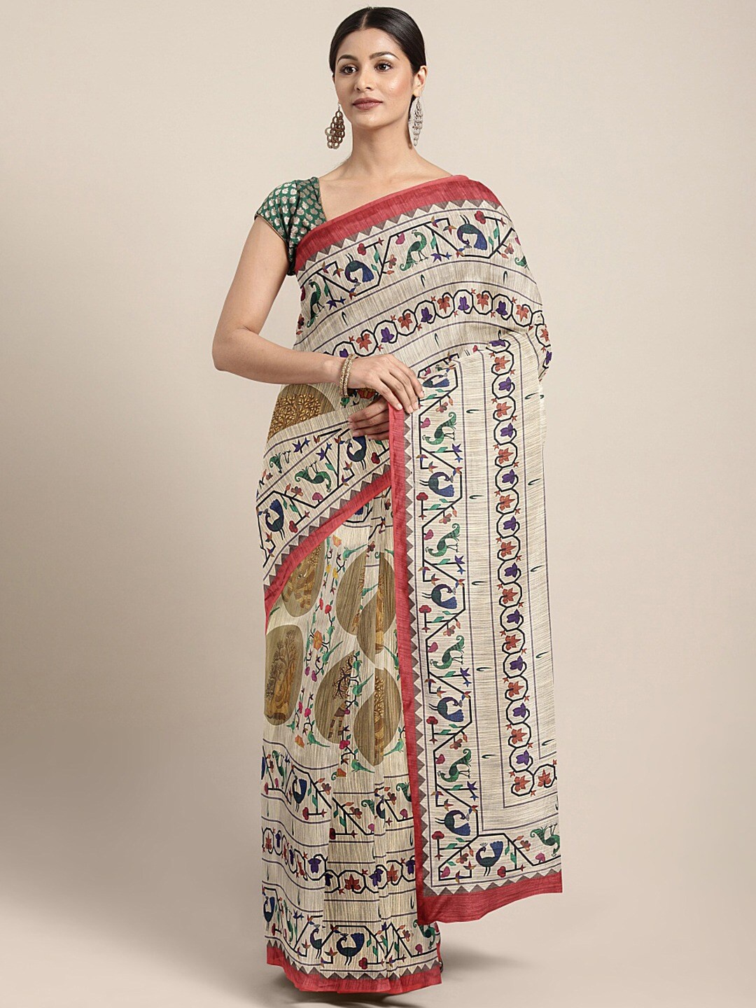 

Shaily Beige & Red Ethnic Motifs Silk Blend Saree