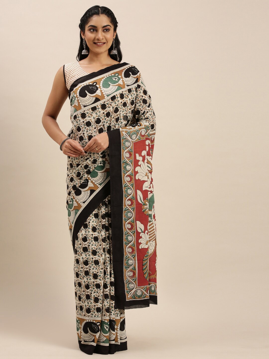 

Shaily Cream-Coloured & Red Floral Pure Cotton Saree