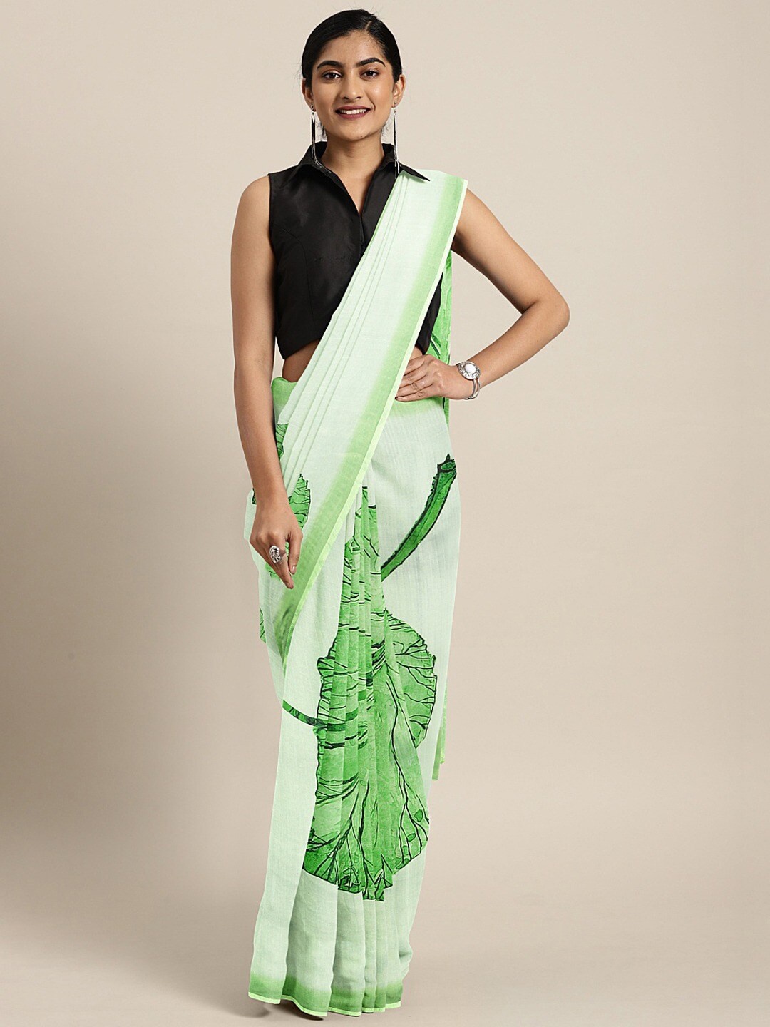 

Shaily Off White & Green Floral Organza Saree