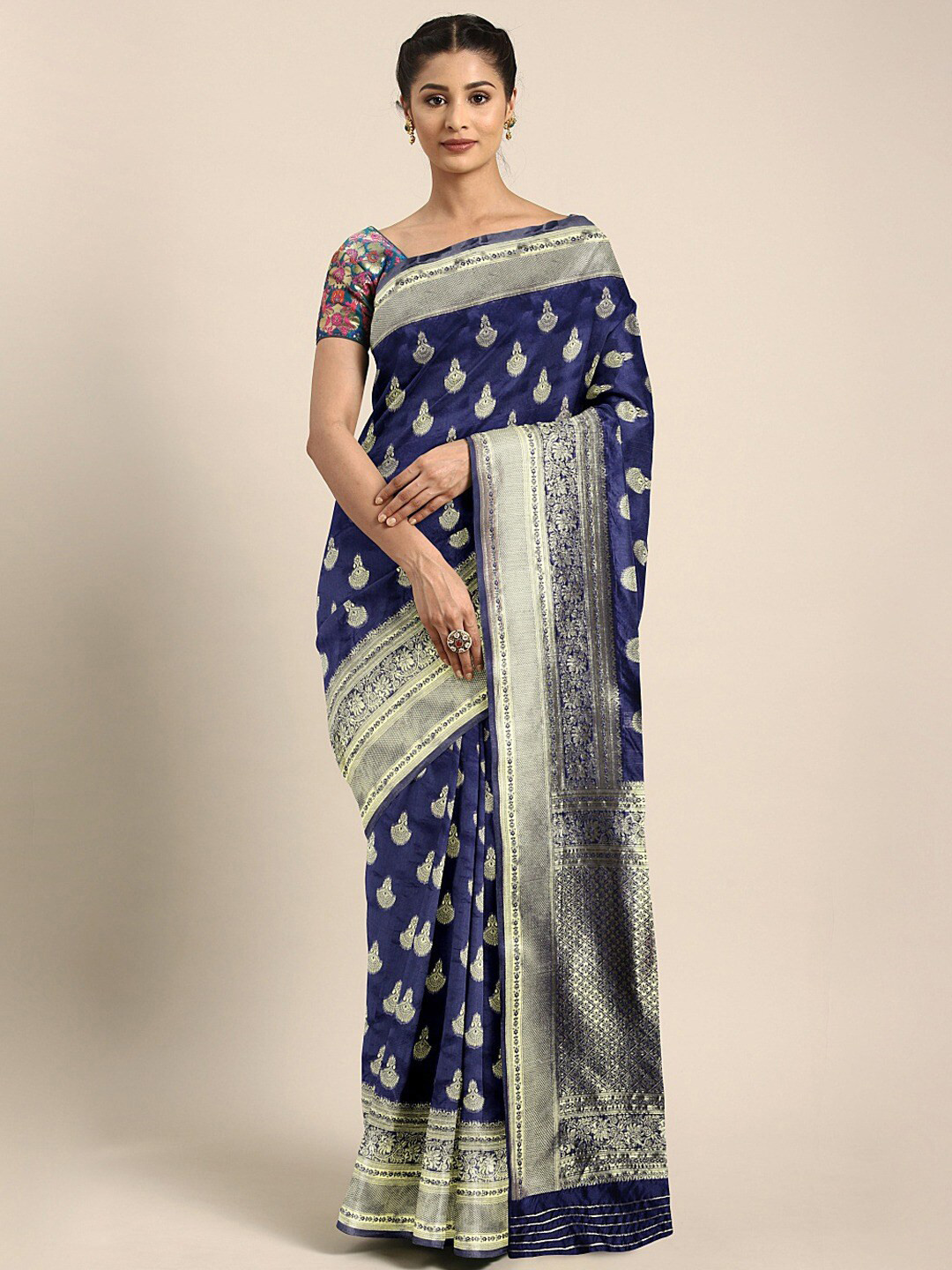 

Shaily Navy Blue & Golden Ethnic Motifs Zari Silk Blend Saree