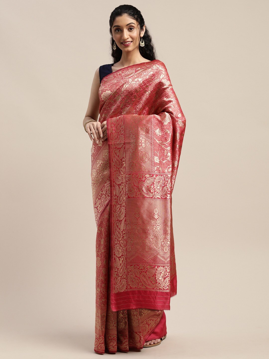 

Shaily Fuchsia & Golden Ethnic Motifs Zari Silk Blend Saree