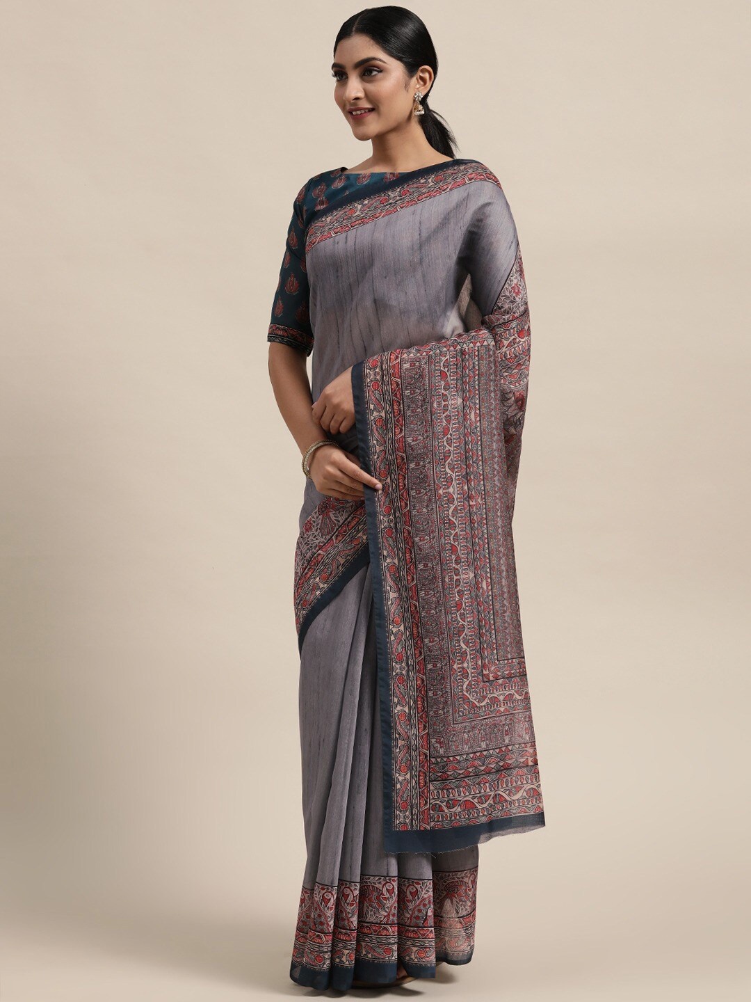 

Shaily Grey & Red Silk Blend Ethnic Motifs Saree