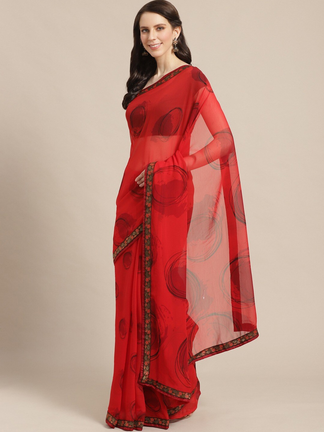 

Shaily Red Printed Poly Georgette Saree