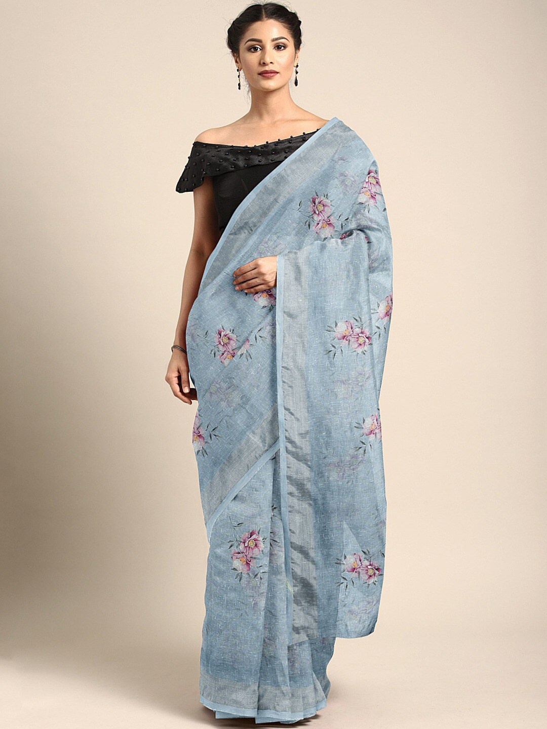 

Shaily Blue & Pink Floral Linen Blend Saree
