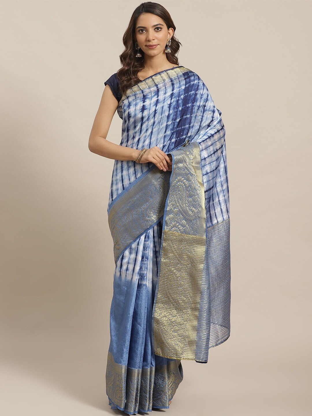 

Shaily Blue & White Tie and Dye Zari Silk Blend Saree