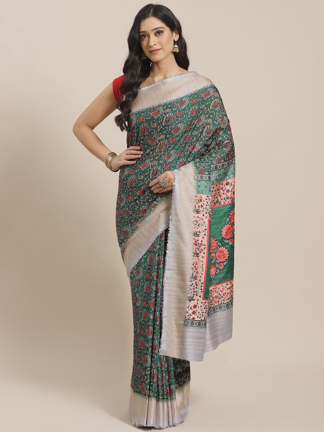 

Shaily Teal & Red Ethnic Motifs Silk Blend Saree