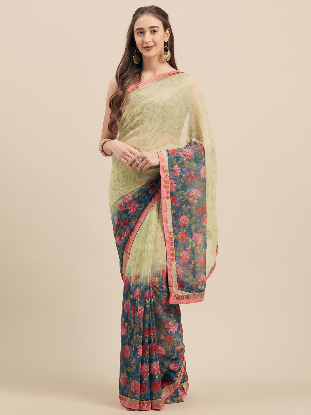 

Shaily Green & Red Floral Printed Saree