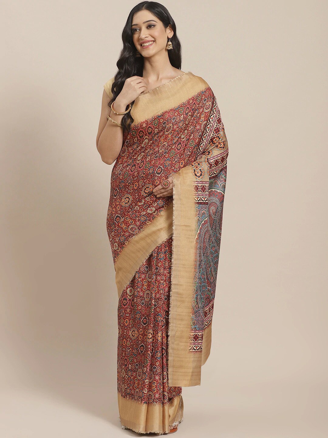 

Shaily Maroon & Cream-Coloured Ethnic Motifs Silk Blend Saree