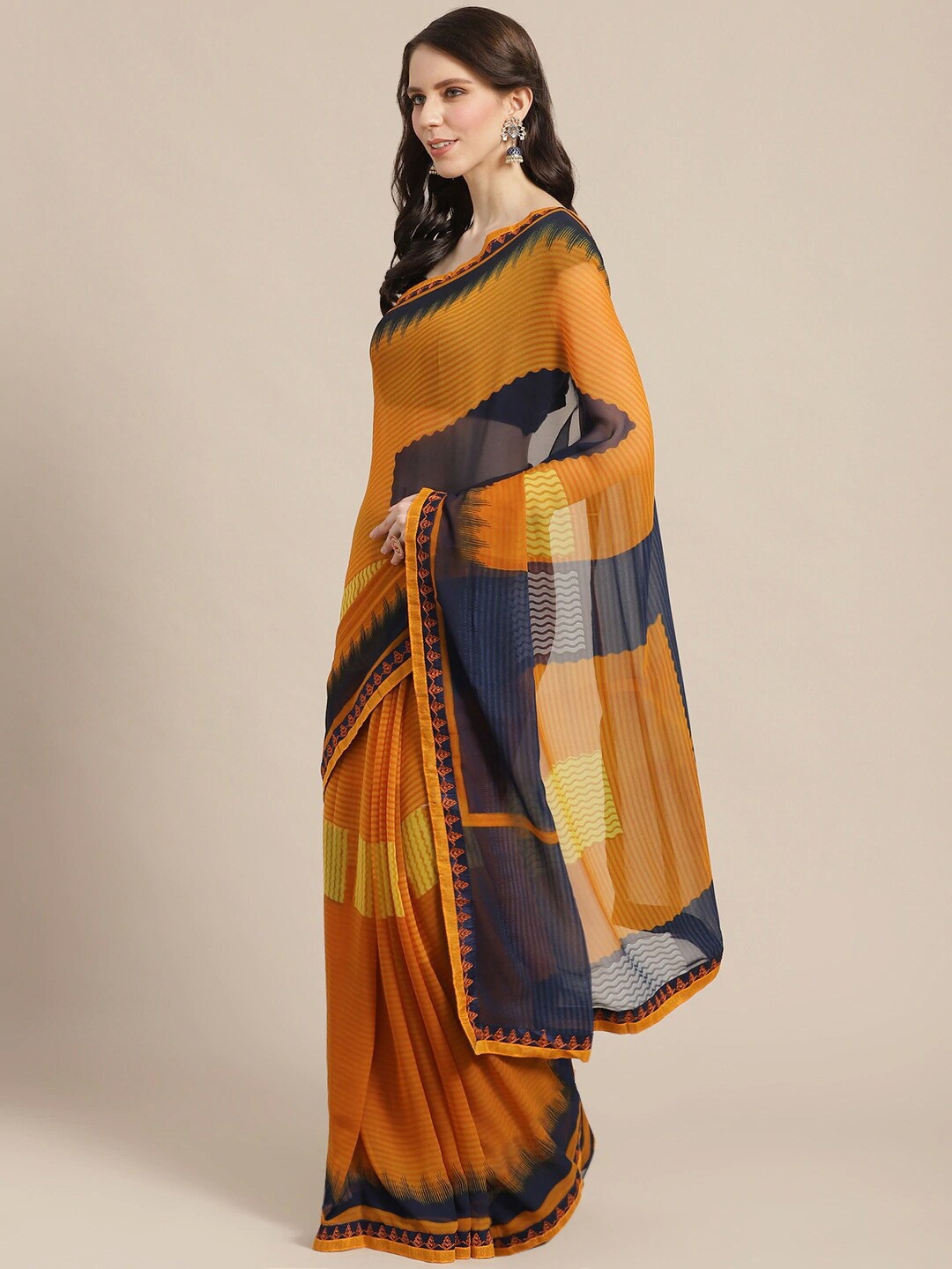 

Shaily Mustard & Navy Blue Colourblocked Embroidered Saree