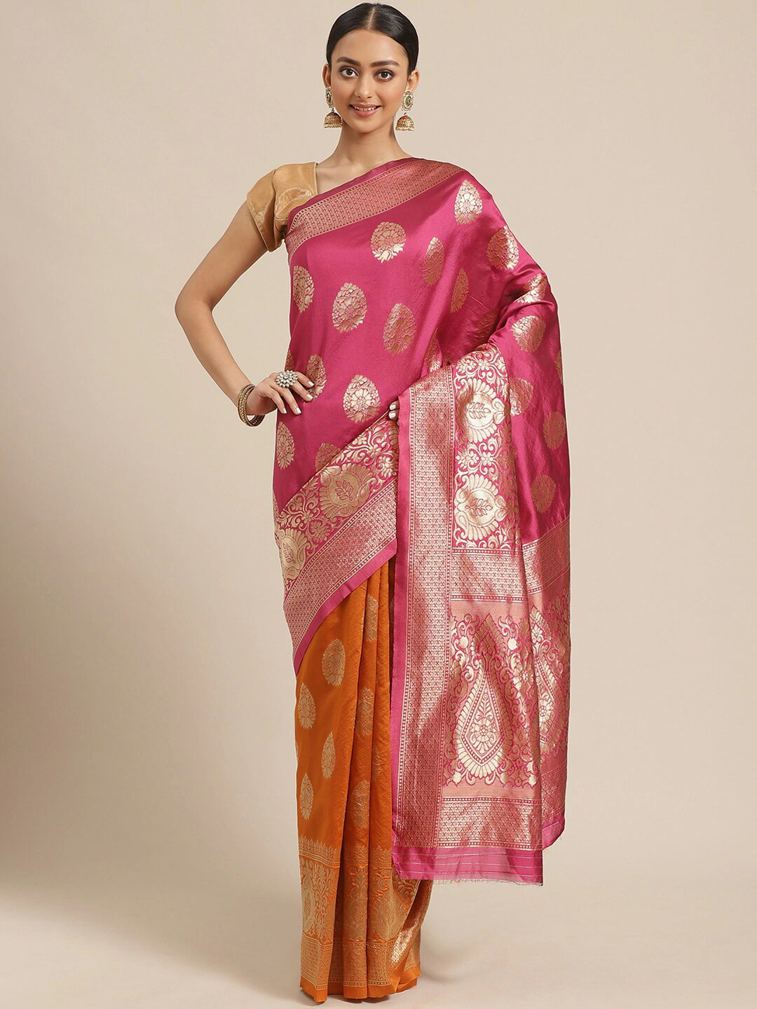

Shaily Pink & Orange Woven Design Zari Silk Blend Saree
