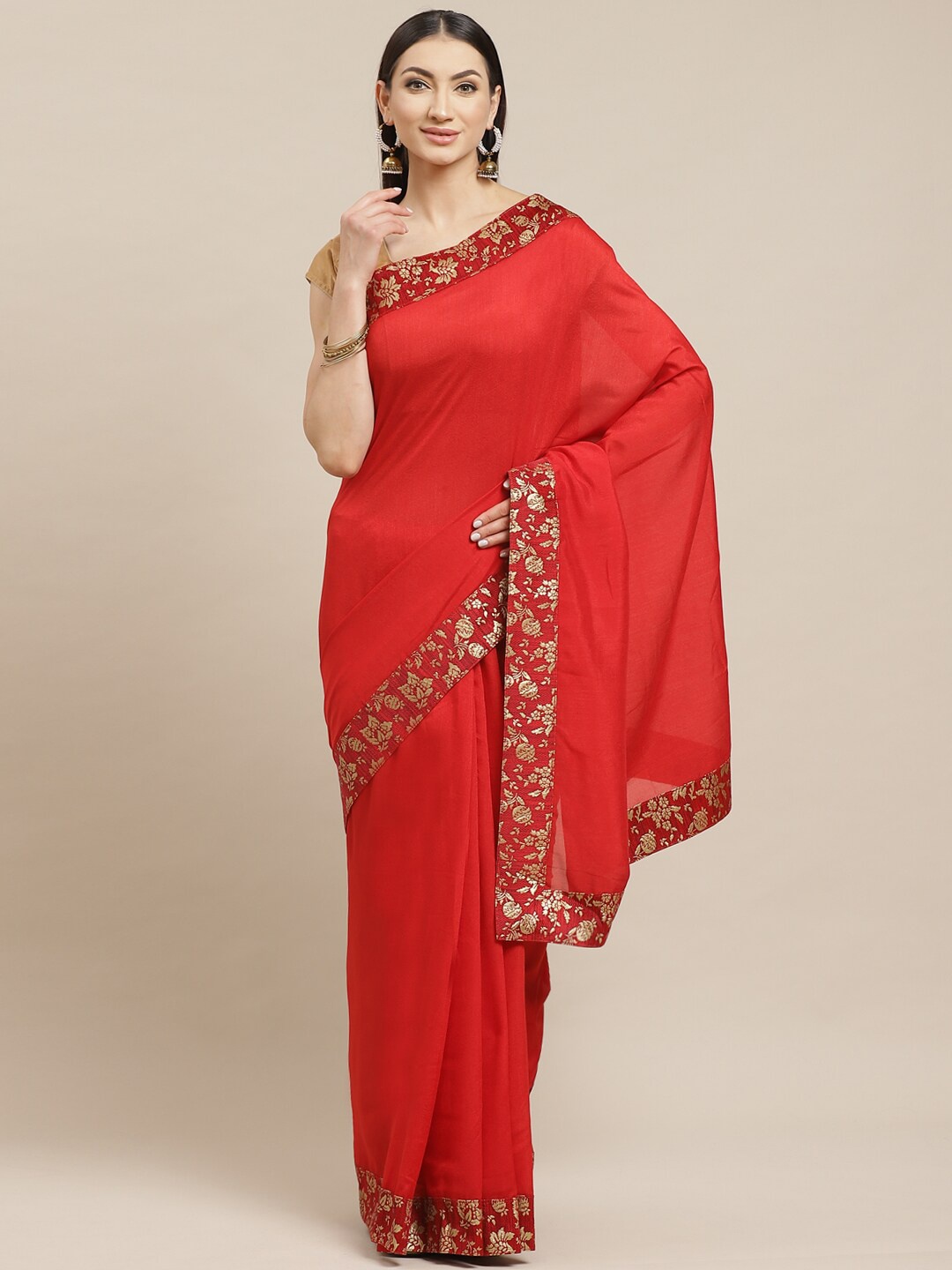 

Shaily Red & Gold-Toned Zari Silk Blend Saree