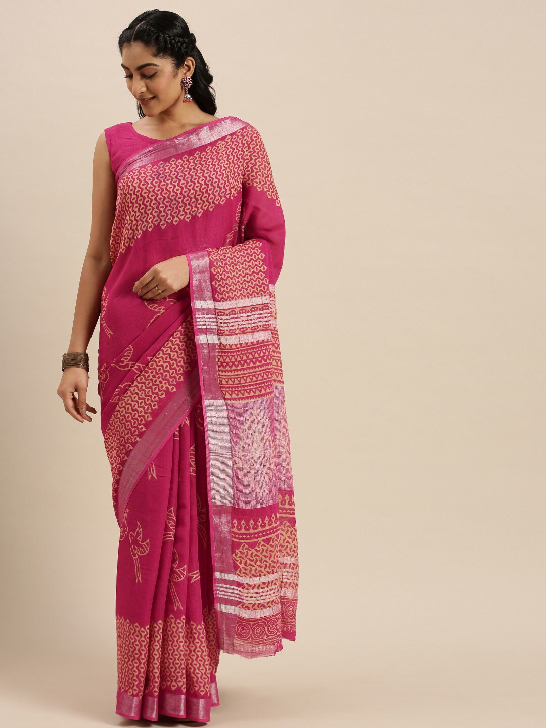 

Shaily Pink & Yellow Ethnic Motifs Zari Saree