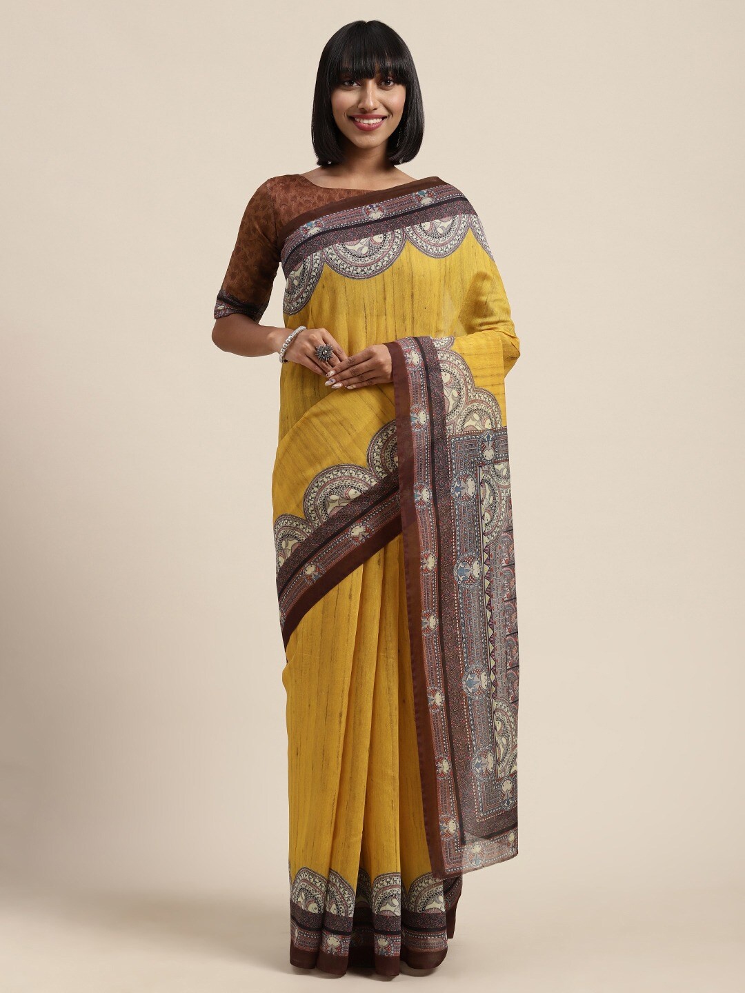

Shaily Mustard & Grey Ethnic Motifs Printed Silk Blend Saree