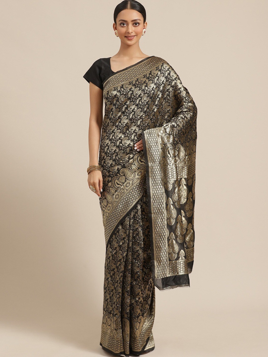 

Shaily Black & Gold-Toned Ethnic Motifs Silk Blend Saree