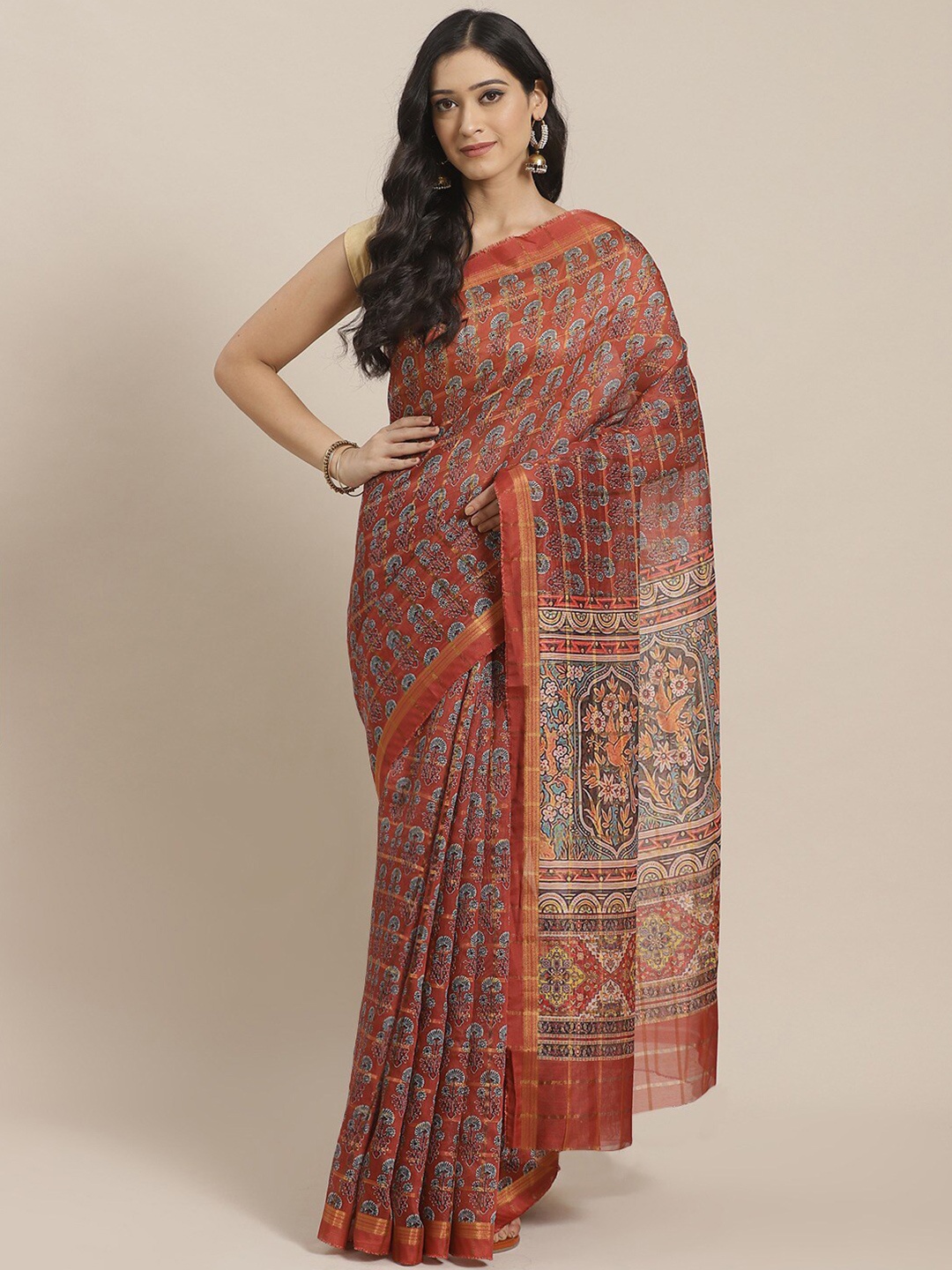 

Shaily Rust Ethnic Motifs Printed Silk Blend Saree