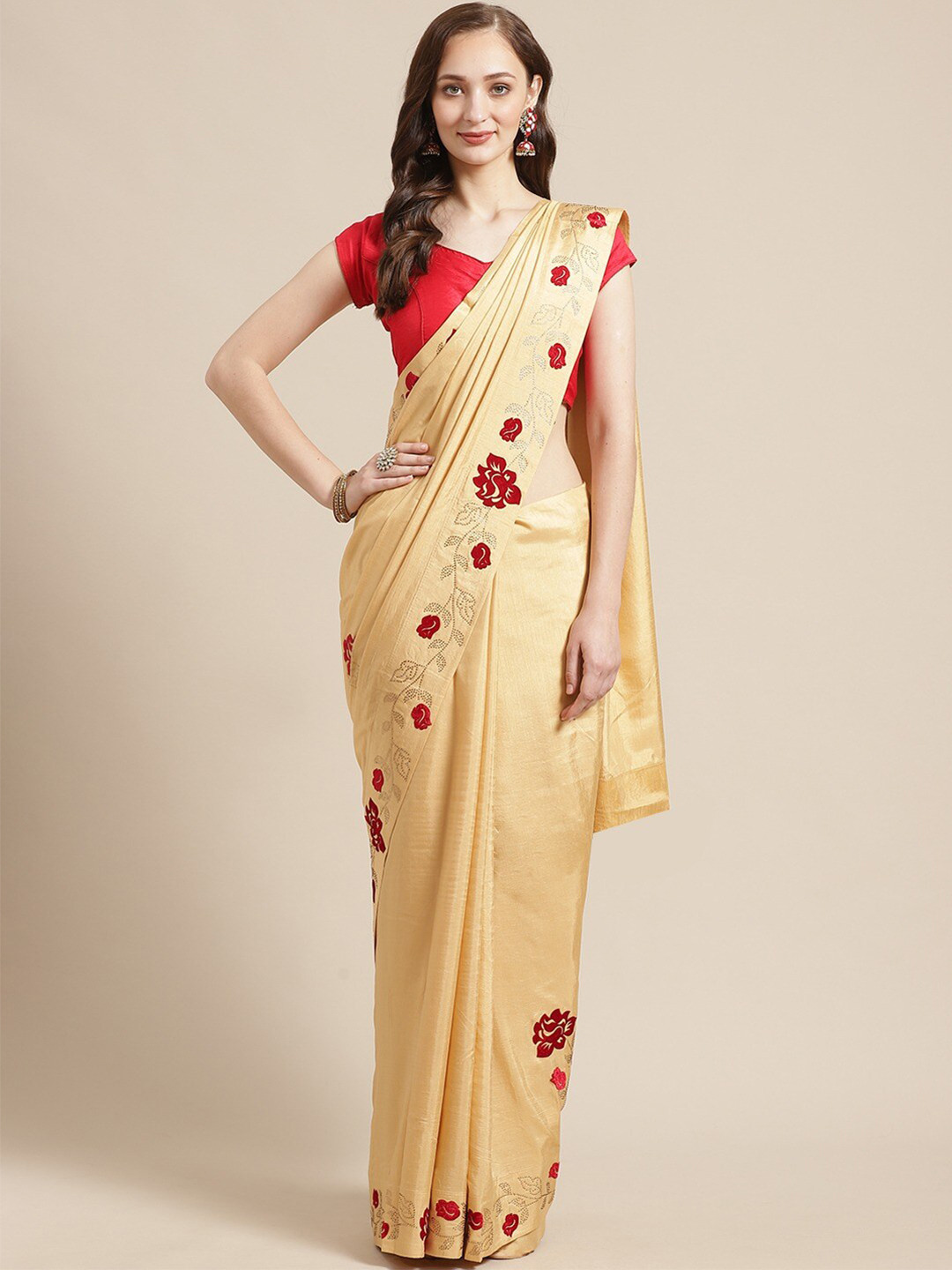 

Shaily Beige & Red Beads and Stones Pure Georgette Saree