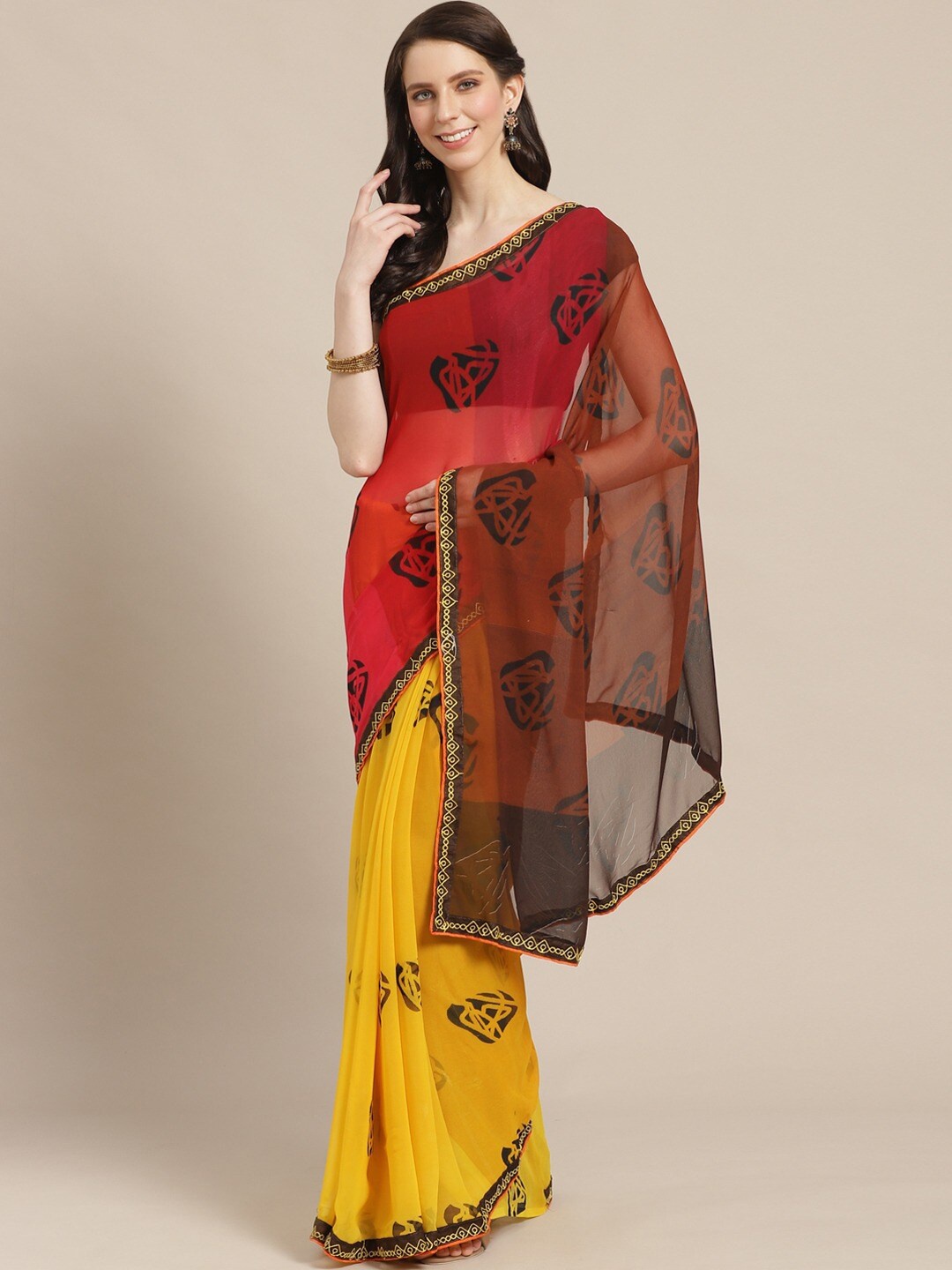 

Shaily Yellow & Brown Floral Saree
