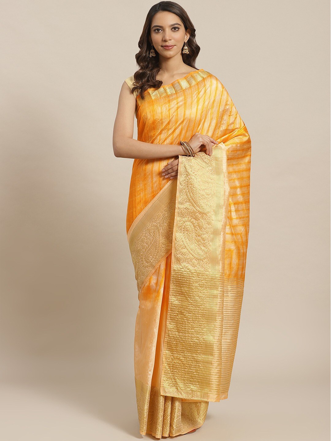 

Shaily Orange & Gold-Toned Tie & Dye Zari Silk Blend Saree