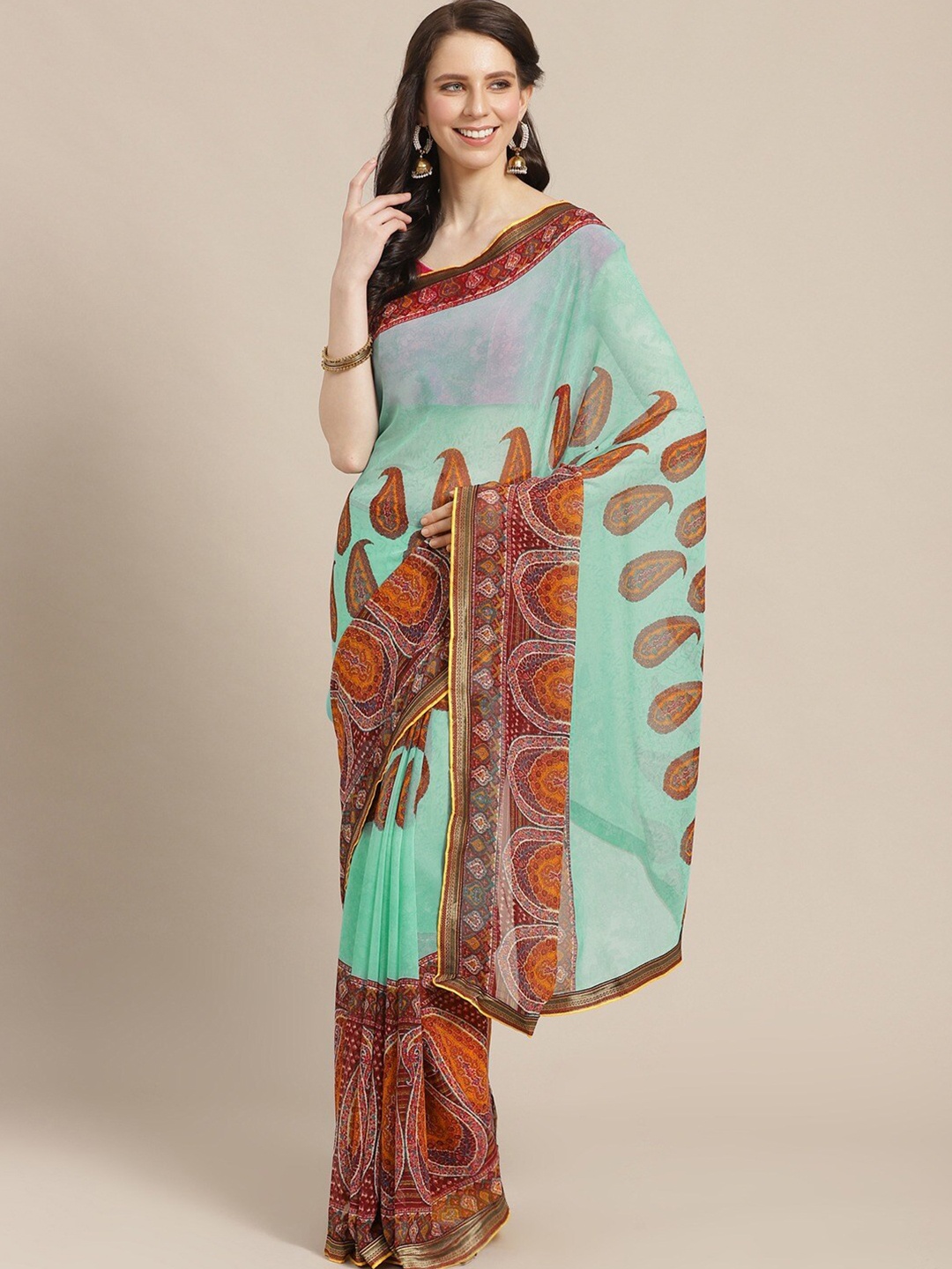 

Shaily Green & Brown Paisley Printed Saree