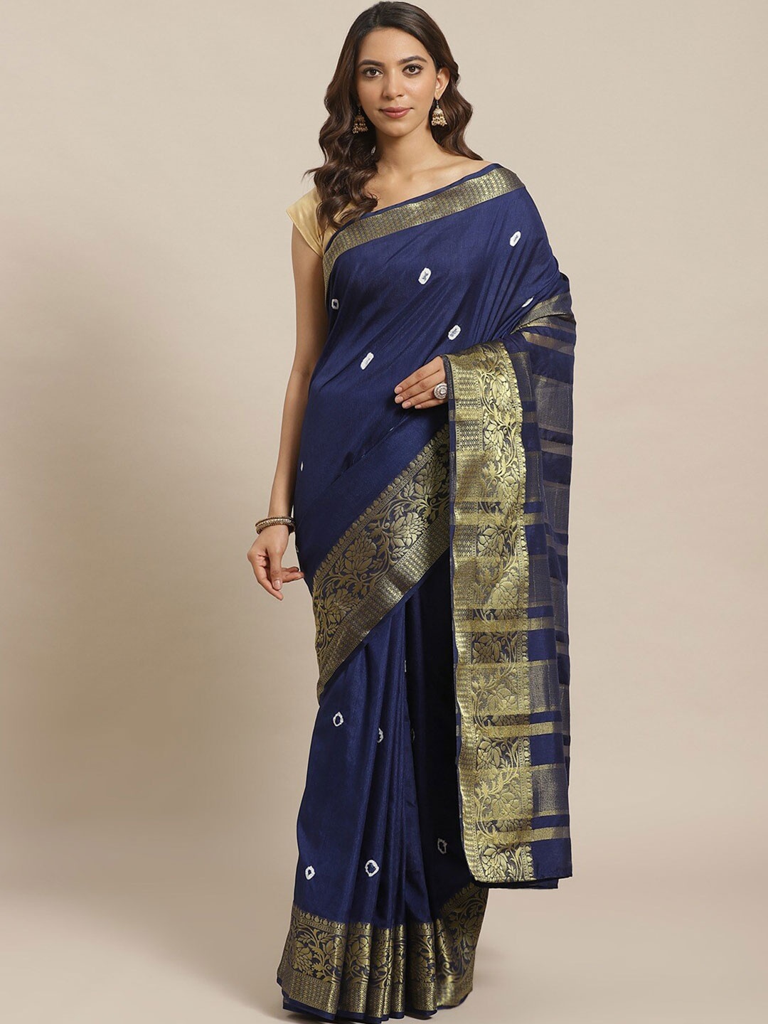 

Shaily Navy Blue & Gold-Toned Bandhani Print Silk Blend Saree