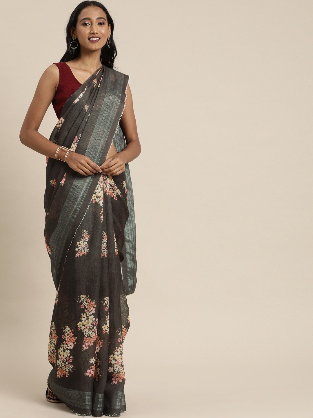 

Shaily Brown & Red Floral Printed Linen Blend Saree