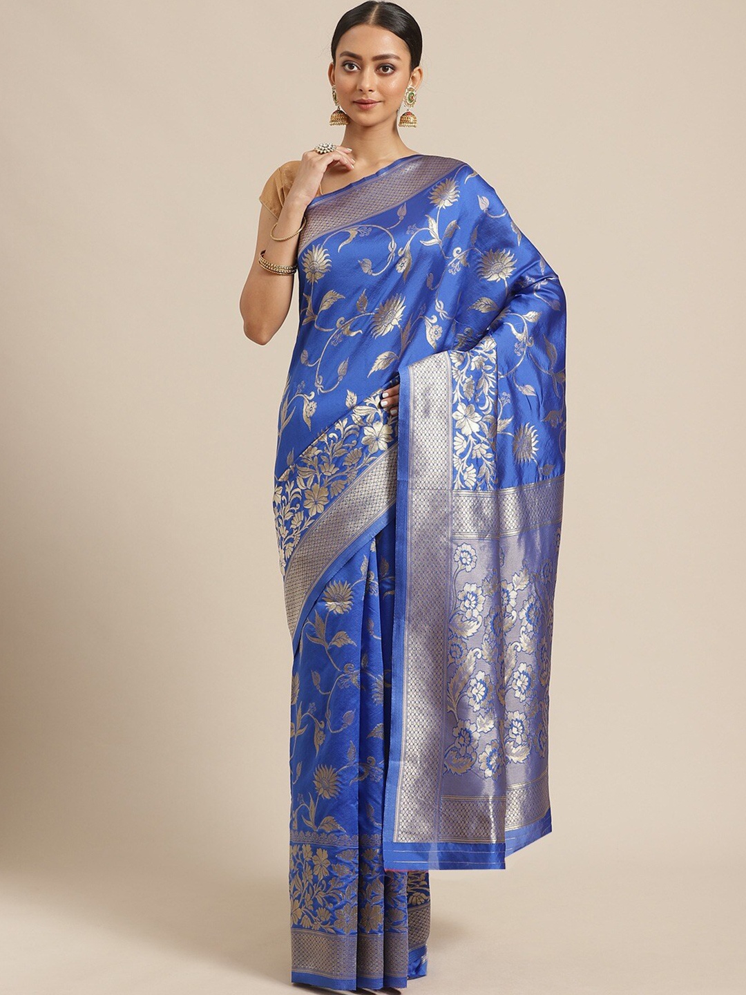 

Shaily Blue & Gold-Toned Woven Design Silk Blend Saree