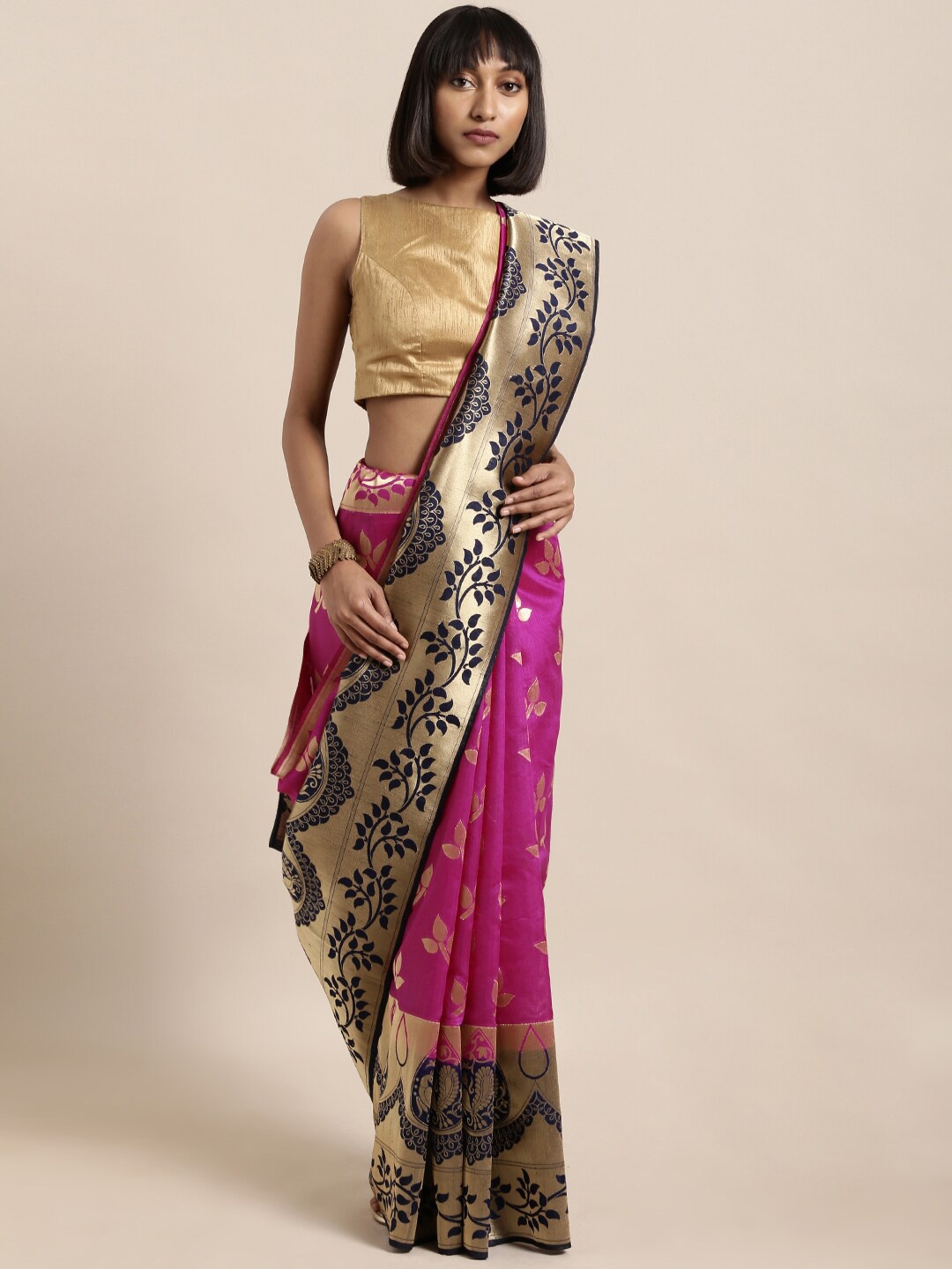 

Shaily Pink & Blue Ethnic Motifs Woven Design Saree