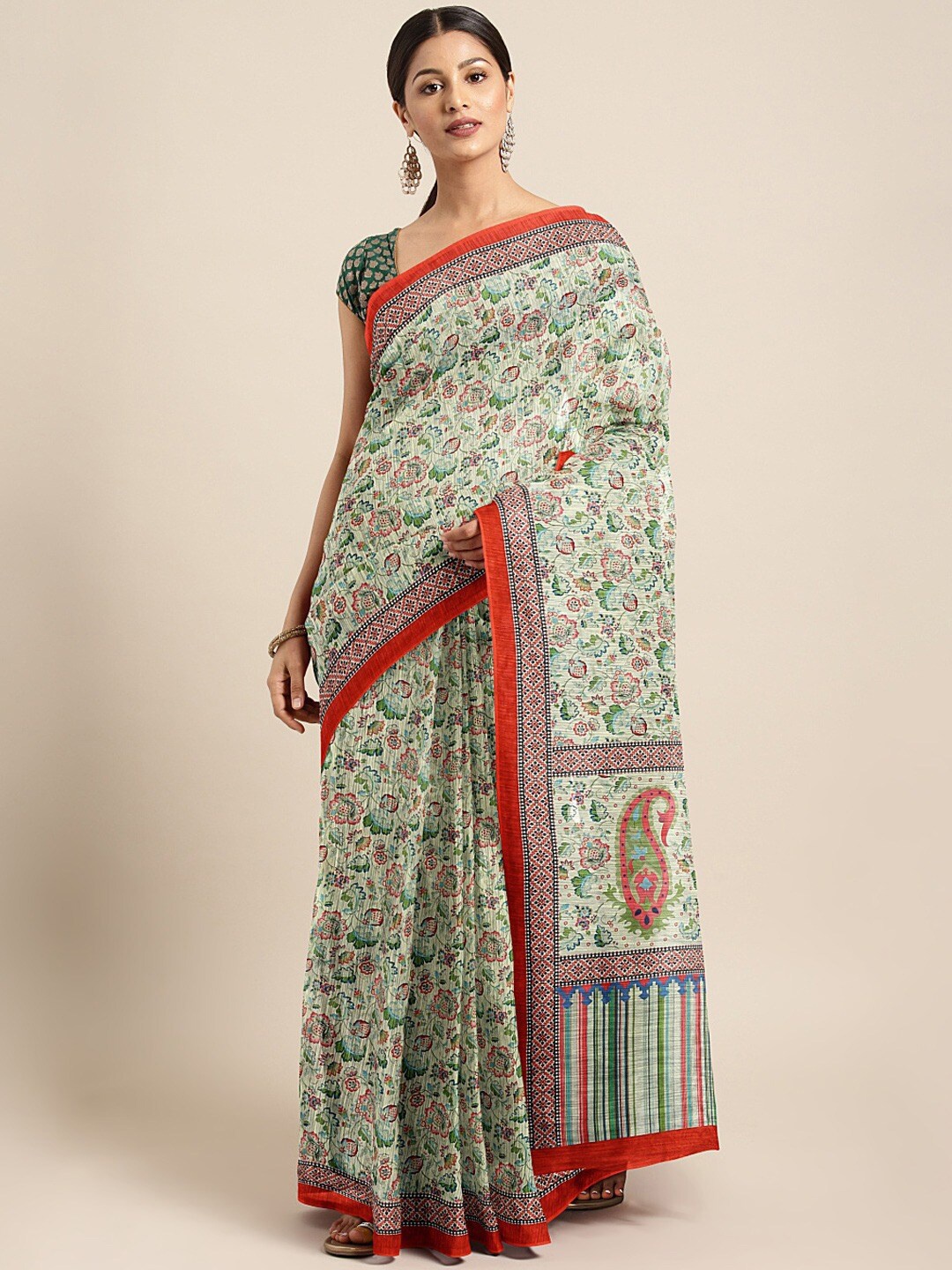 

Shaily Green & Red Floral Silk Blend Saree