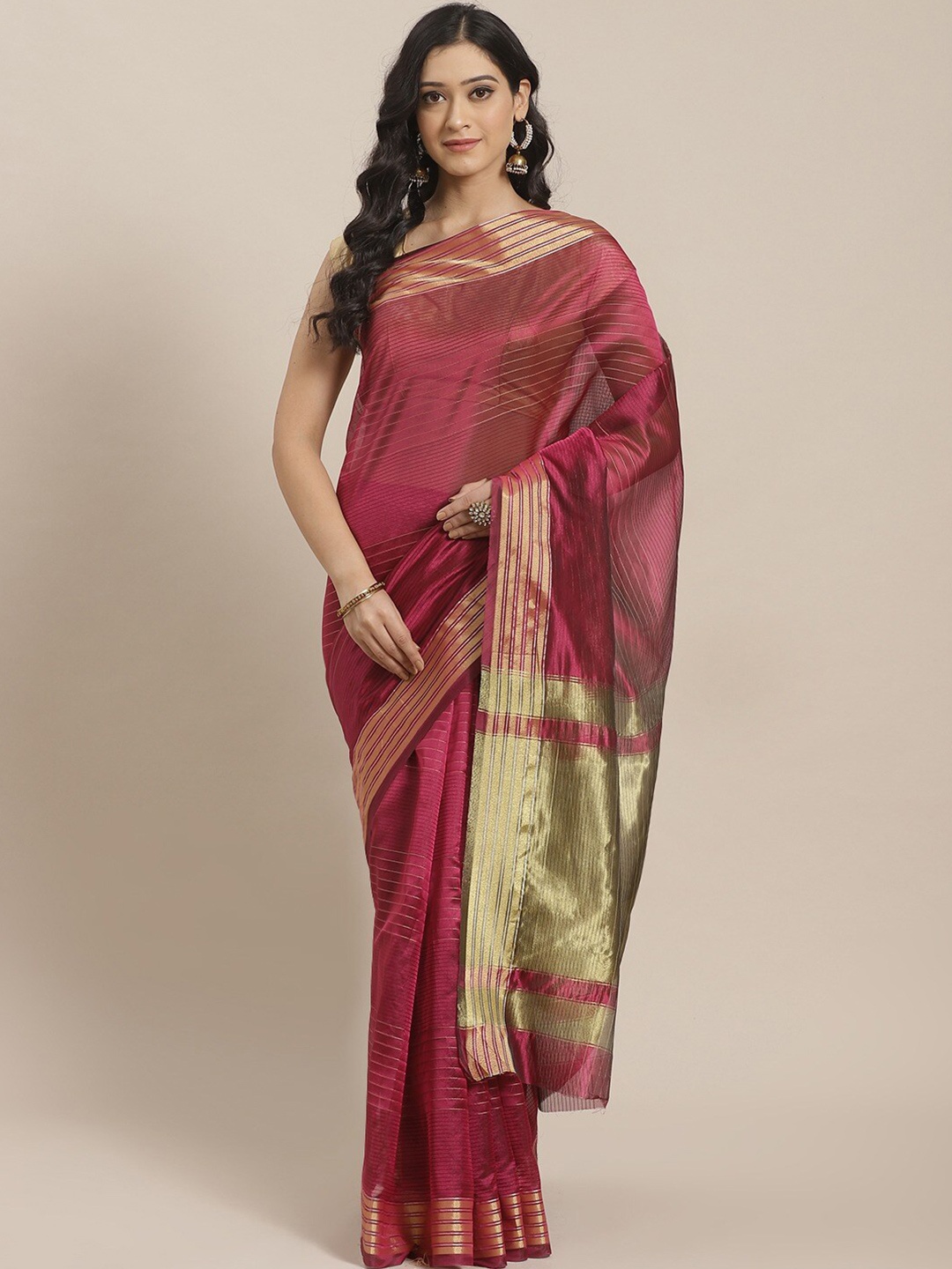 

Shaily Magenta & Gold-Toned Striped Silk Blend Kanjeevaram Saree