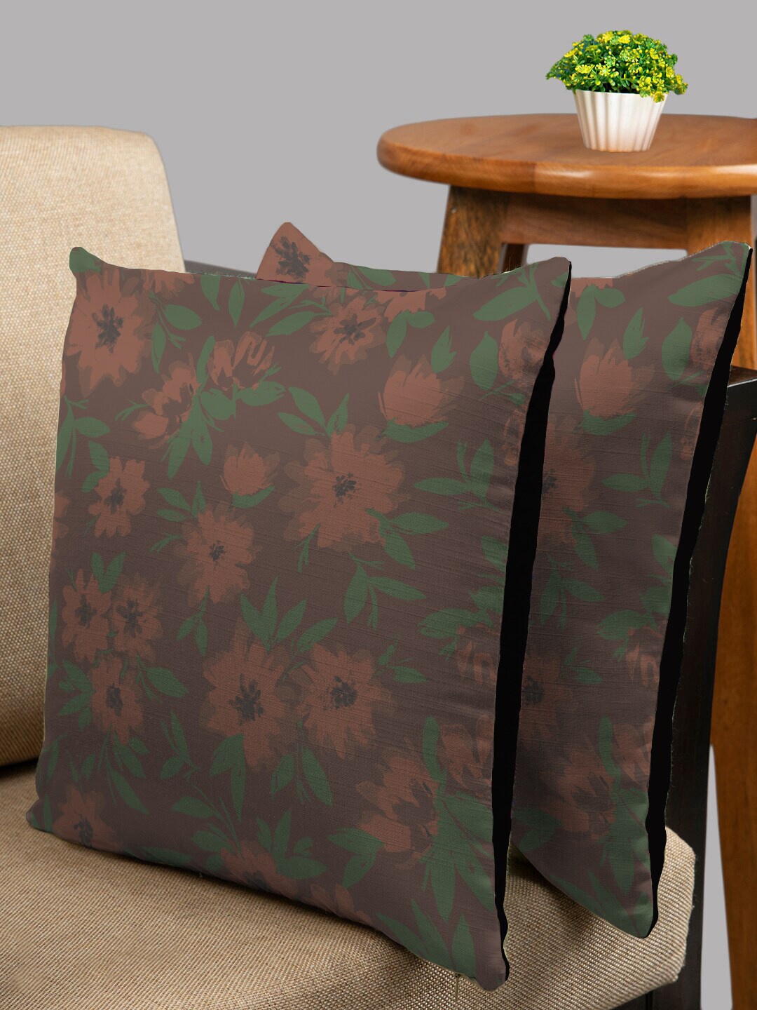 

HOUZZCODE Grey & Brown Set of 2 Floral Square Cushion Covers