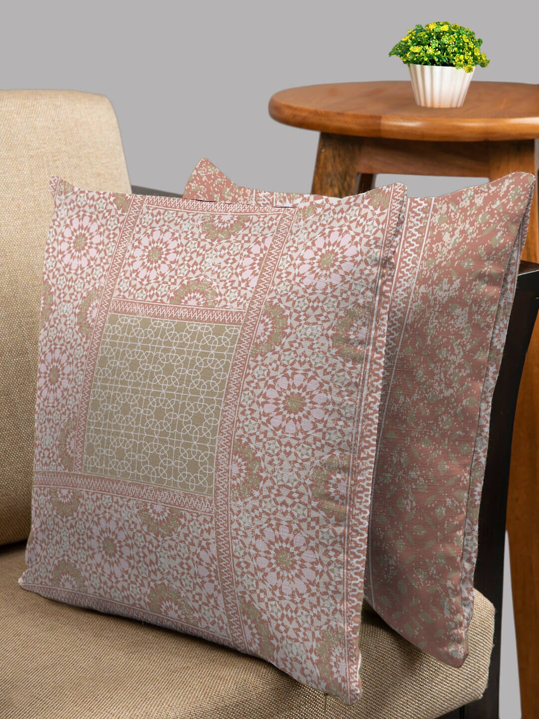 

HOUZZCODE Peach-Coloured & Green Set of 2 Ethnic Motifs Square Cushion Covers