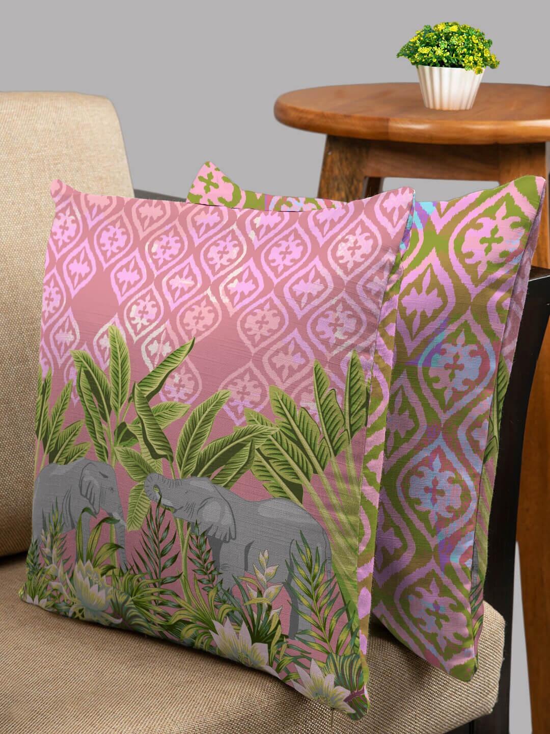 

HOUZZCODE Pink & Green Set of 2 Floral Square Cushion Covers, Peach