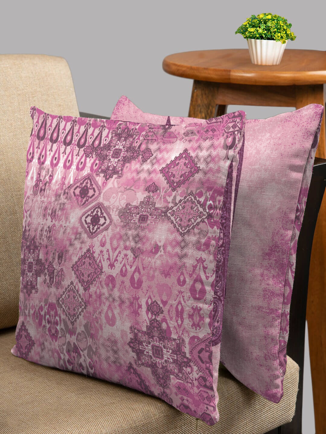 

HOUZZCODE Pink & Beige Set of 2 Ethnic Motifs Square Cushion Covers