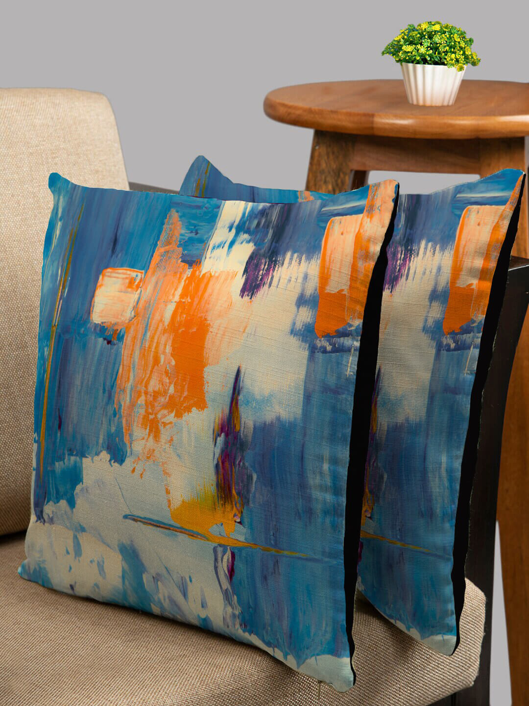 

HOUZZCODE Blue & Orange Set of 2 Abstract Square Cushion Covers