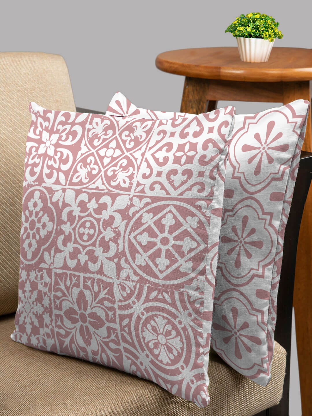 

HOUZZCODE White & Peach-Coloured Set of 2 Ethnic Motifs Square Cushion Covers