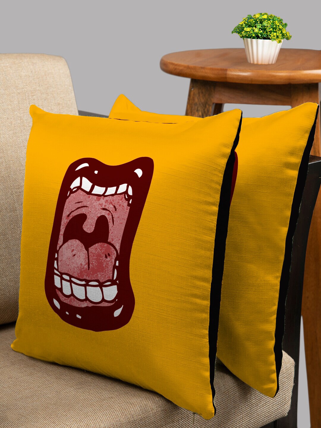 

HOUZZCODE Yellow & Maroon Set of 2 Quirky Square Cushion Covers